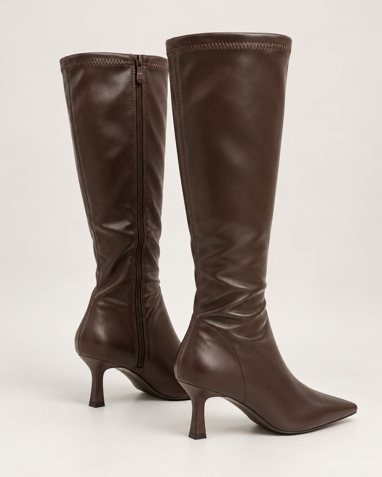 Stretchy PU High Boots - Brown