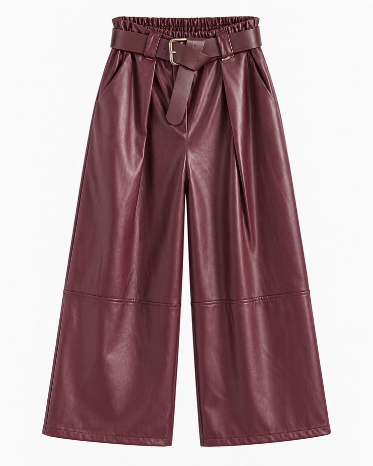 Leatherlook Cropped Wide-Leg Pants in burgundy