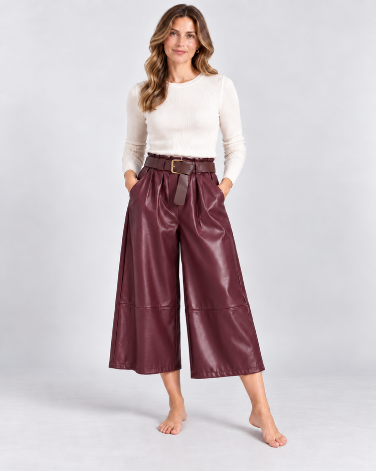 Leatherlook Cropped Wide-Leg Pants in burgundy