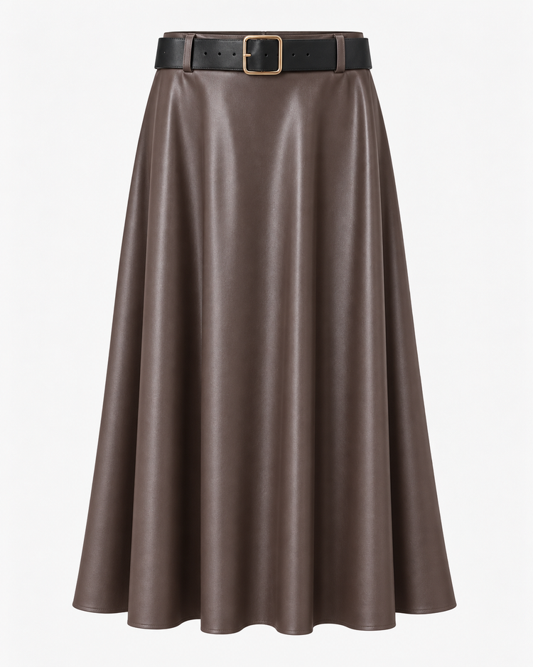 Leatherlook Midi Skirt in brown