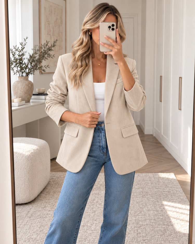 Suedine Blazer in Beige – spiegelselfie
