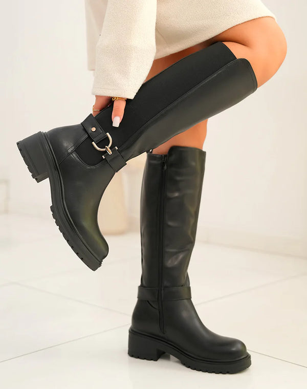 Bottes hautes noires avec bande élastique et détail doré