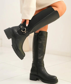Schwarze hohe Stiefel mit Gummiband und goldenen Details