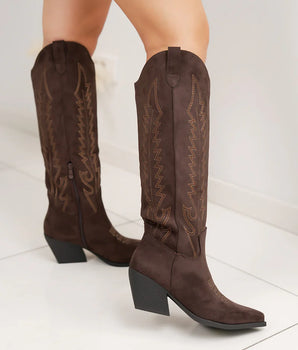 Braune Suedine Cowboy-Stiefel mit Stickerei