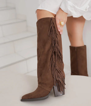 Braun Fringle Suedine Stiefel mit Blockabsatz