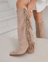 Taupe Fringle Suedine Stiefel mit Blockabsatz