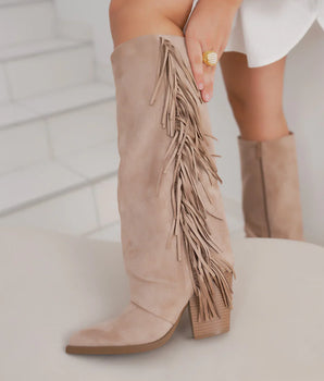 Taupe Fringle Suedine Stiefel mit Blockabsatz