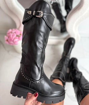 Stud Gesp Black High Boots