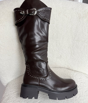 Stud Gesp Brown High Boots