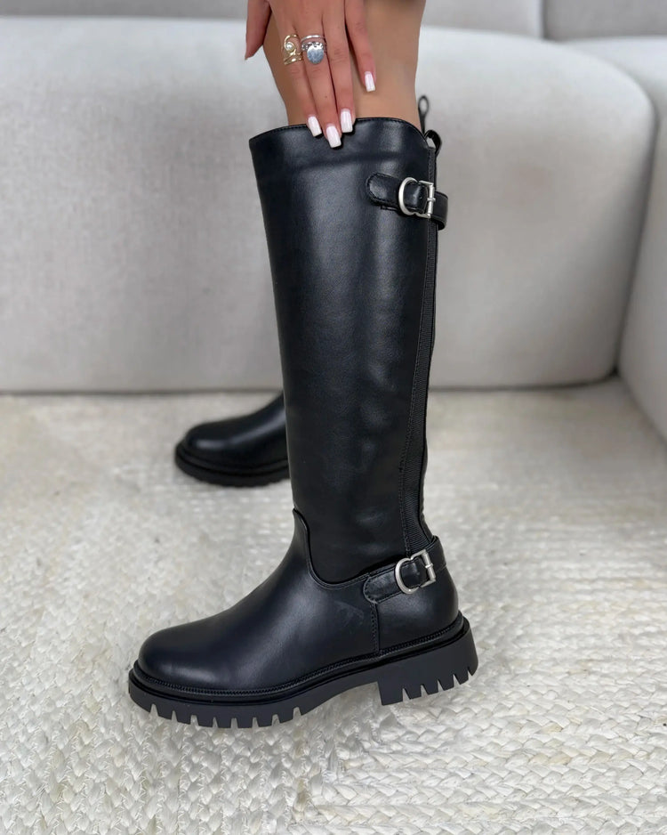 Zwarte Double Buckle Stretch Boots met zilverkleurige gespen