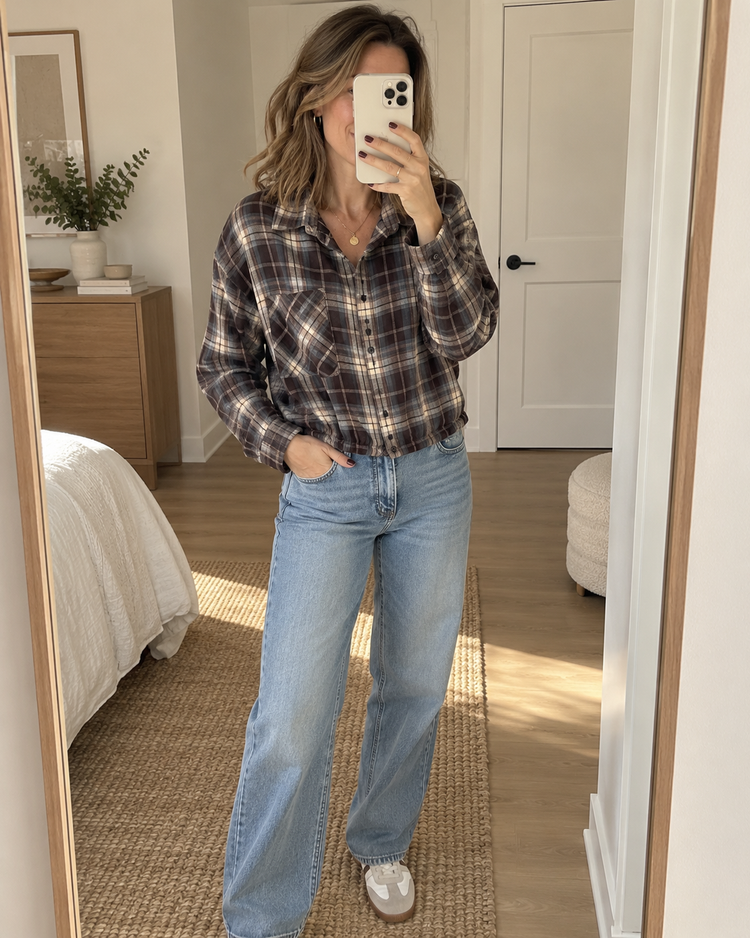 Checked Cropped Blouse in brown