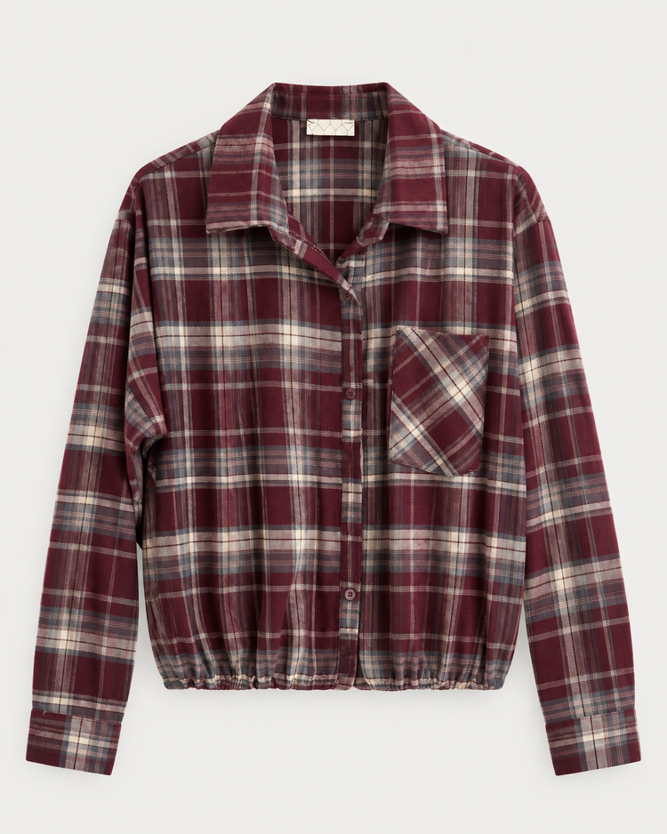 Checked Cropped Blouse in burgundy
