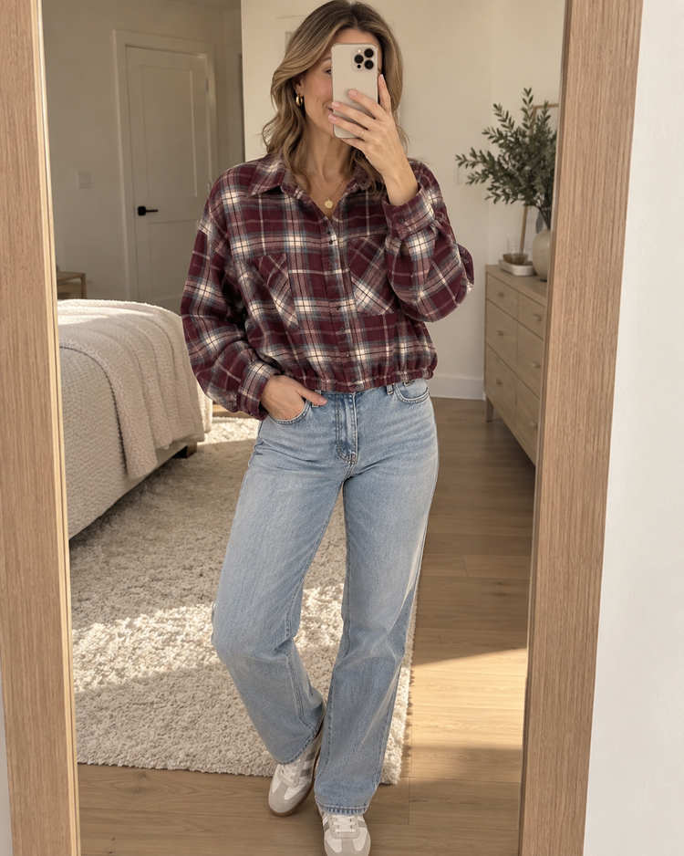 Checked Cropped Blouse in burgundy