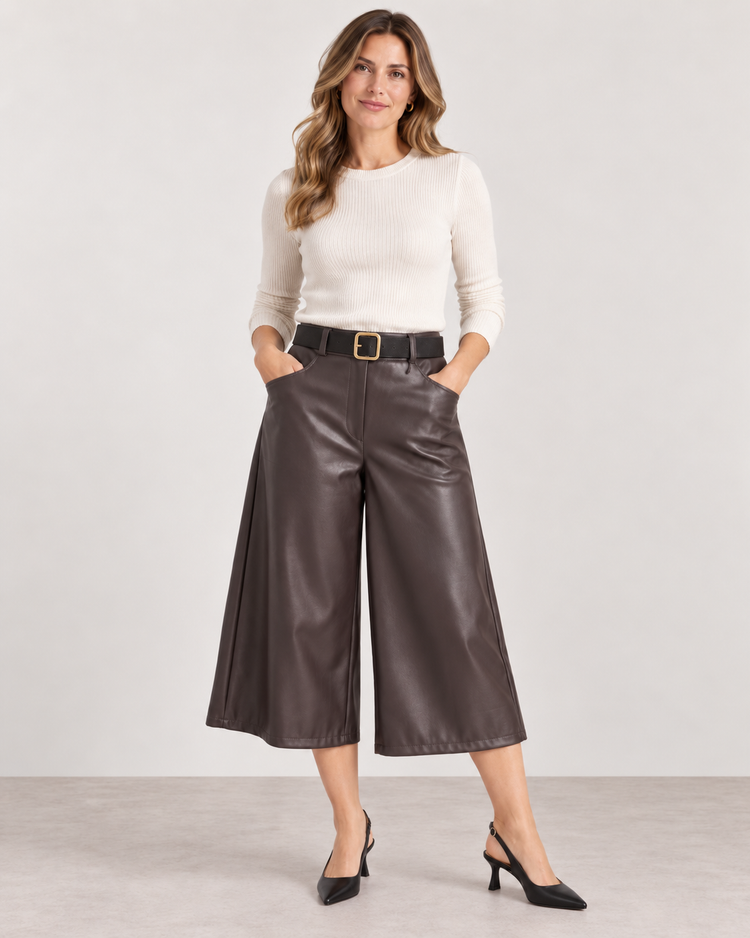 Leatherlook Capri Broek in bruin