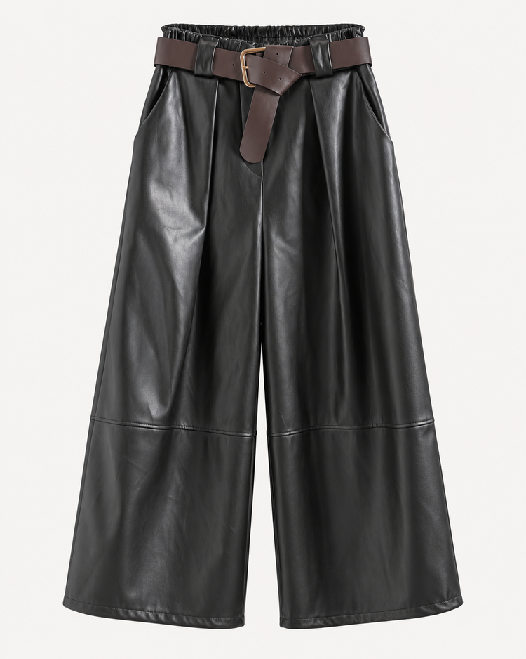 Leatherlook Cropped Wide-Leg Pants in zwart