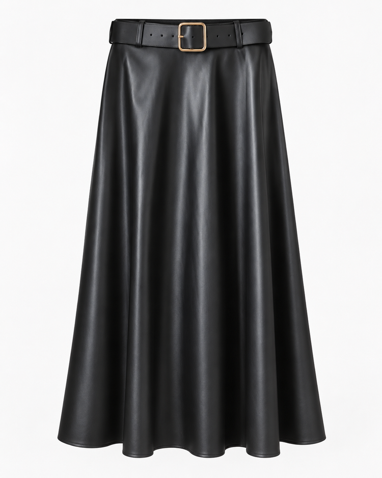 Leatherlook Midi Rok in zwart