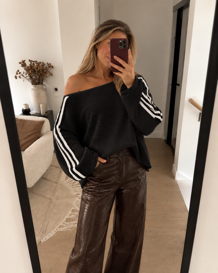 Off Shoulder Stripe Sweater in Black - mirror
