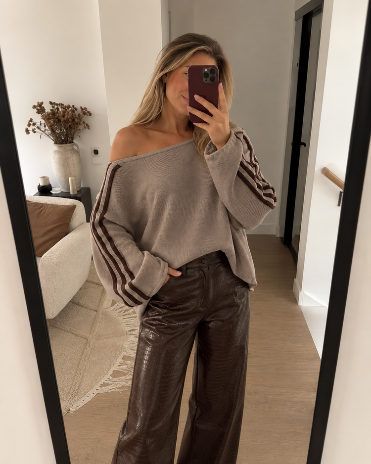 Off Shoulder Stripe Sweater in Taupe - mirror