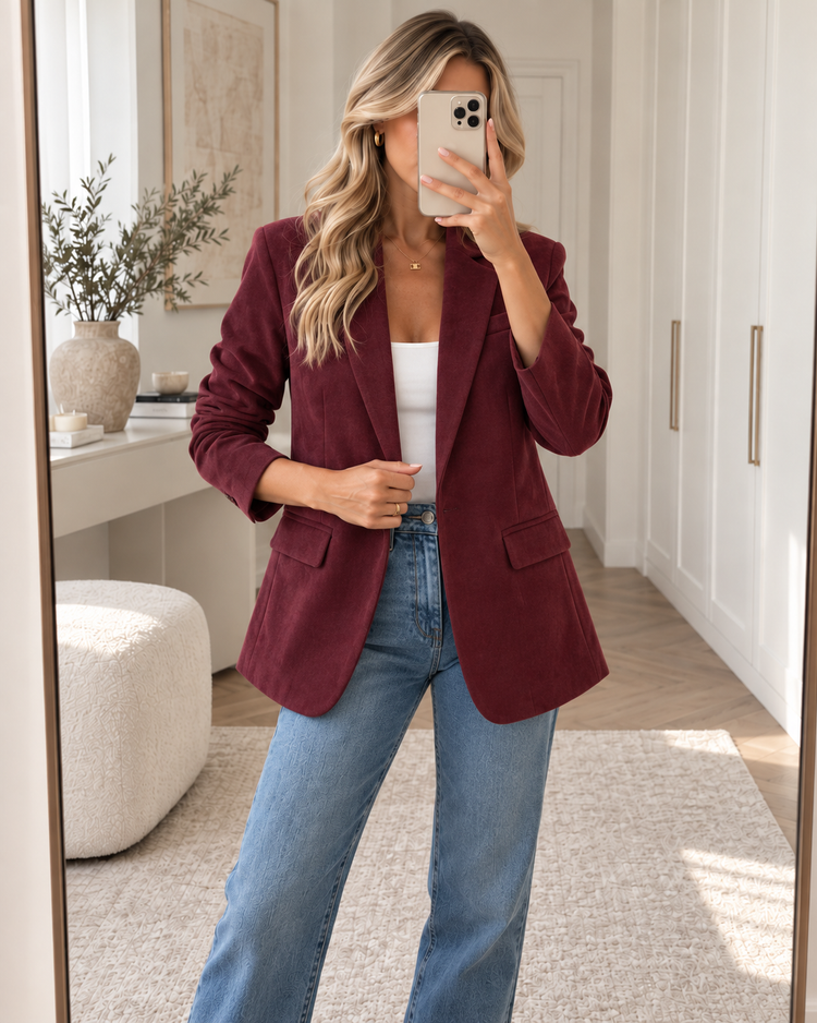 Suedine Blazer in Burgundy – spiegelselfie